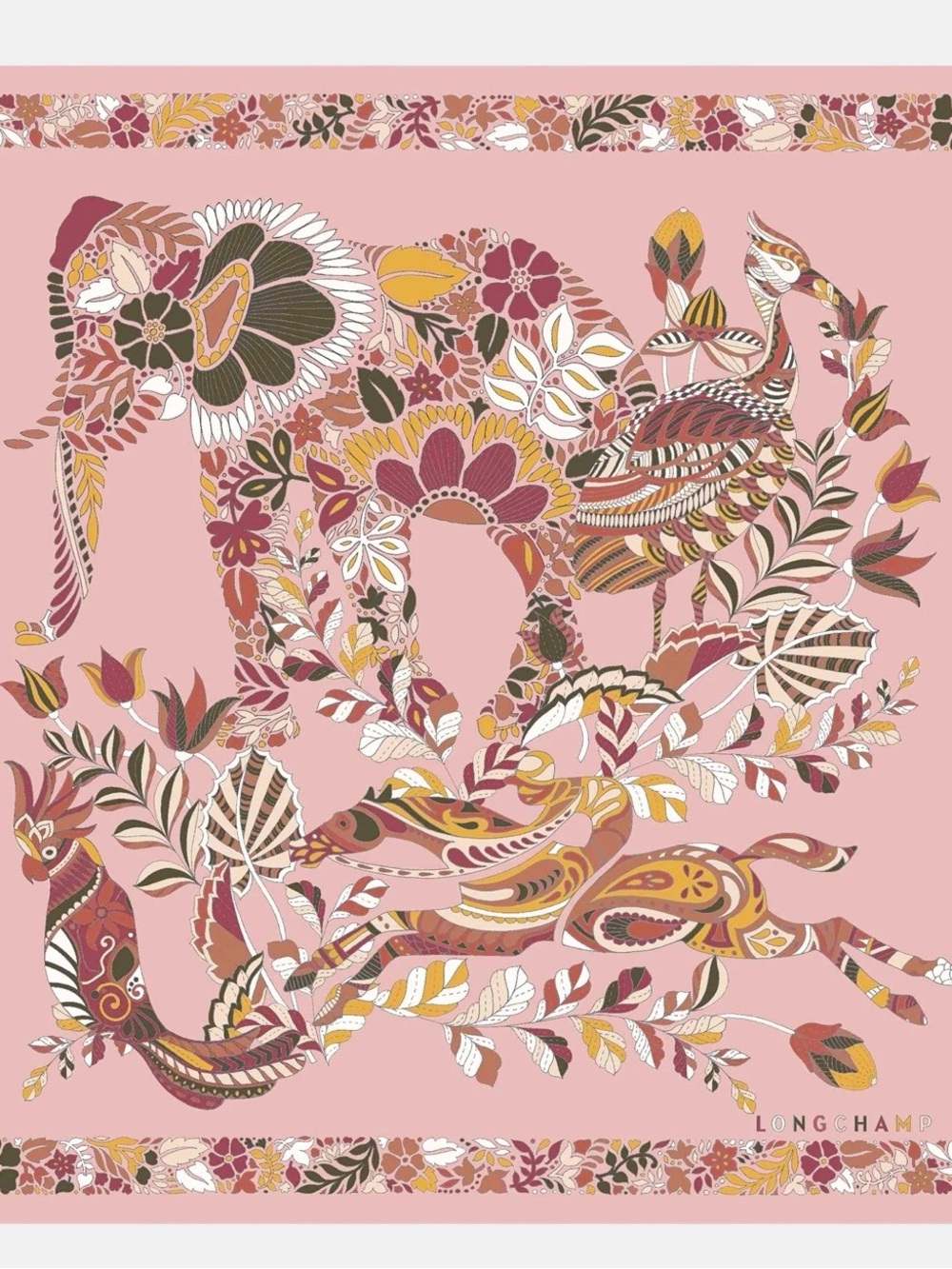 Longchamp Pink Floral & Animal Motif Silk Scarf